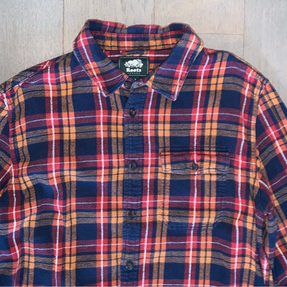 Roots Red Orange & Blue Plaid Button Down Flannel Shirt - Picture 3 of 9